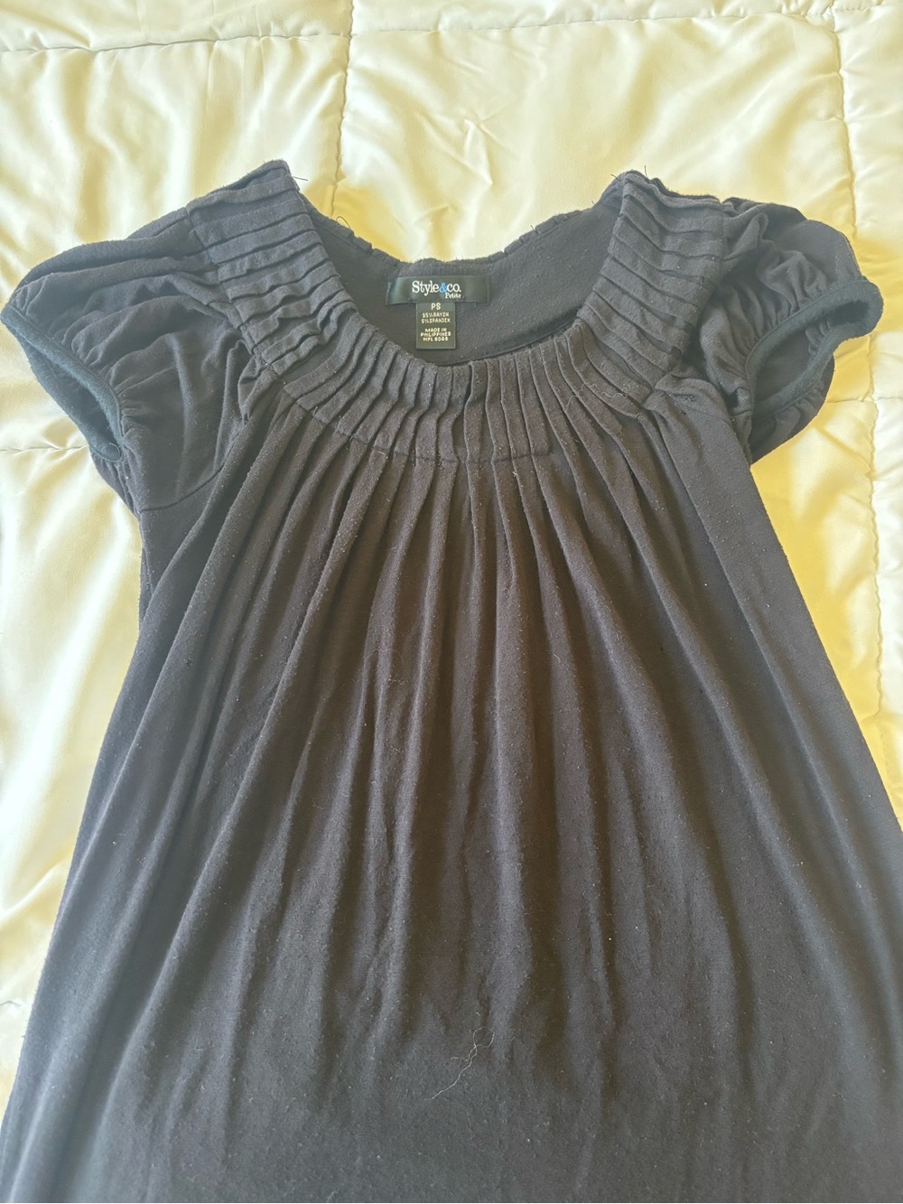 Style & Co. Black Pleated Yoke Short-Sleeve Blouse